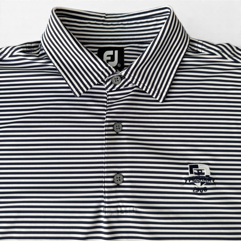 FootJoy Pelham Golf Polo Men XL Navy Blue Striped Performance Stretch Shirt